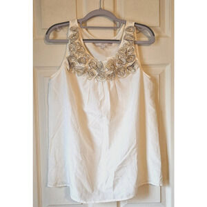 LOFT Floral Applique Embellished Silk Blend Sleeveless Ivory Boho Top Medium NWT